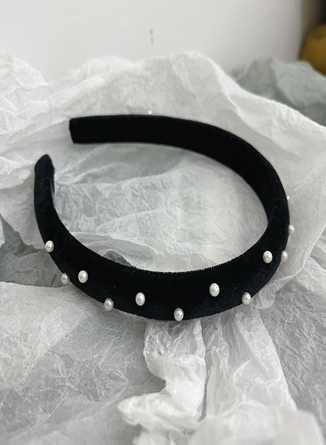 TUCEWP Black Headbands for Women Girls Pearl Velvet Headbands Non Slip Soft Thick Padded Headband Vintage Fall Turban Headband No Teeth Head Bands Hoops Headwear Fashion Styling Tools Accessories - Image 5